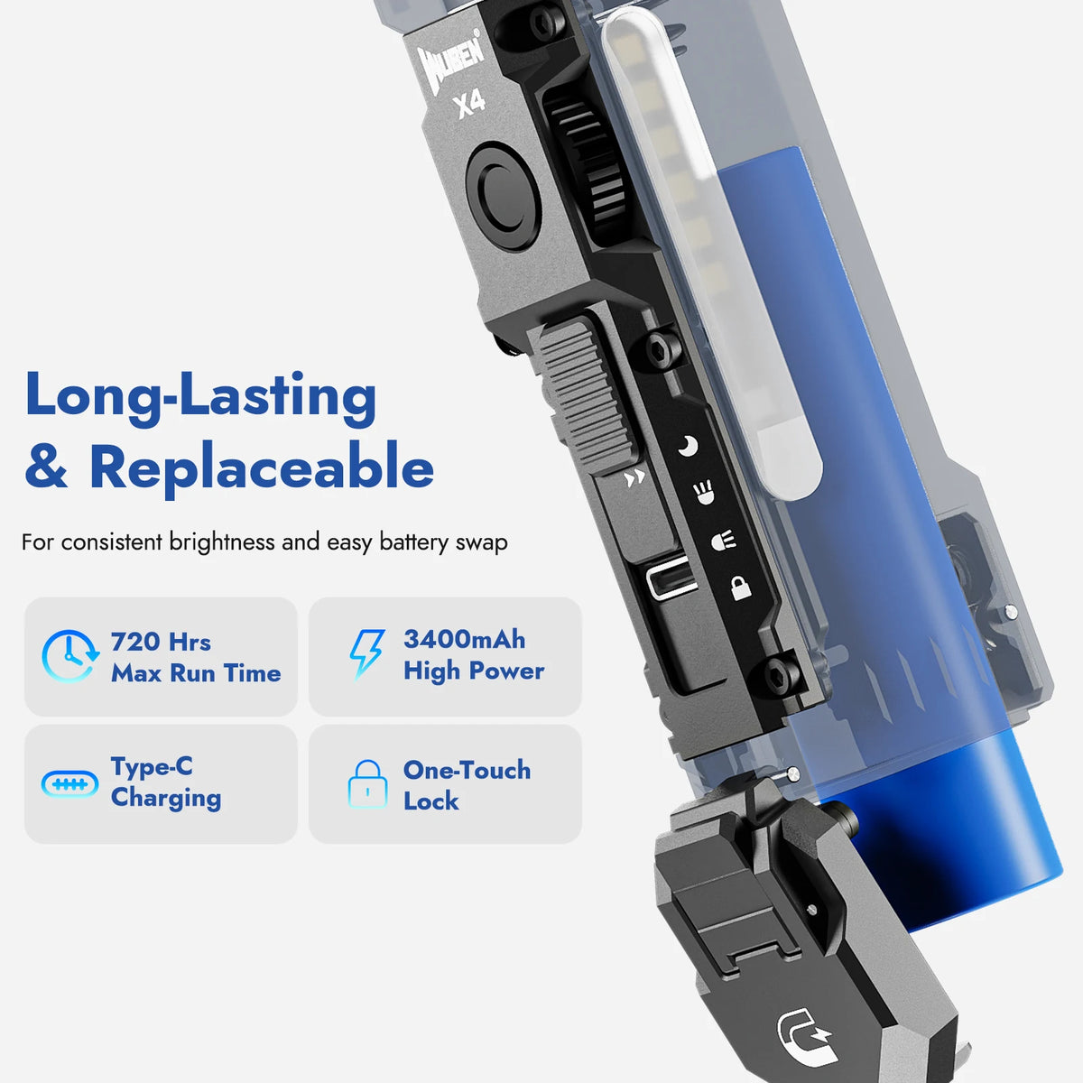 A close-up view of a gray and blue Wuben X4 compact flashlight with an illuminated side light and battery components.