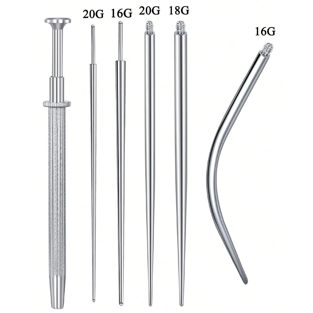 Stainless steel piercing ball grabber tool kit showing various gauge needles and a curved tool