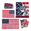 A collection of embroidered patches featuring the British flag, the United States flag, and a liberty motif.