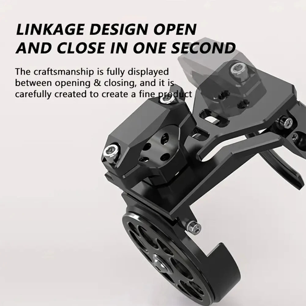 A black 360° foldable handlebar cup holder for bikes and scooters, showing the linkage design open and closed.