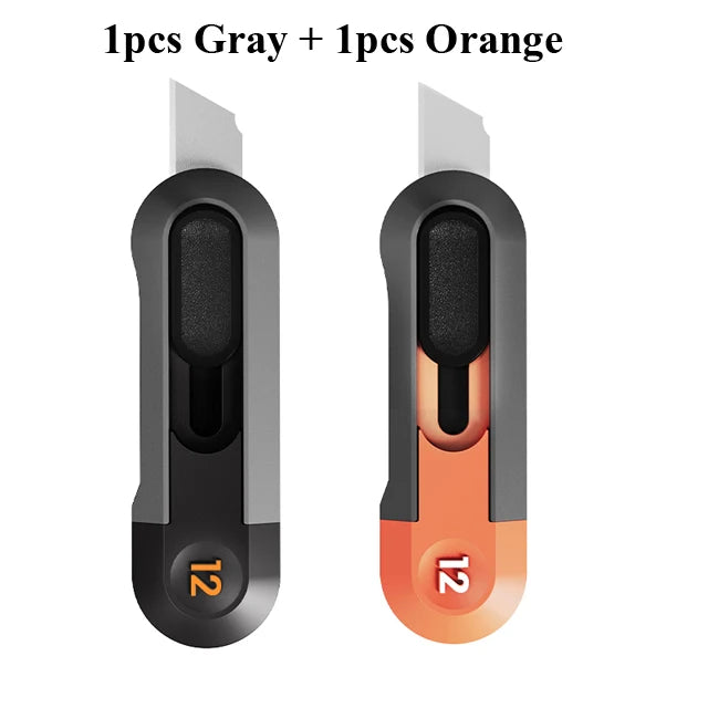 Une paire de petits couteaux utilitaires, un gris et un orange, montrés côte à côte.