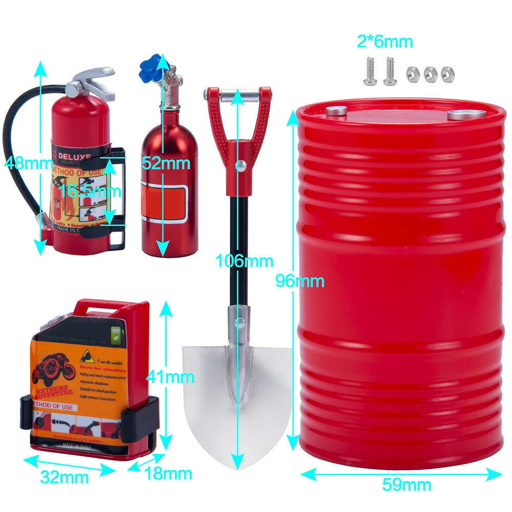 A set of 1/10 scale RC crawler decoration featuring a red fire extinguisher, an oil drum, and a shovel.