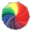A wooden hand tambourine with steel jingles, displaying a vibrant rainbow swirl pattern.