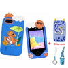 A blue kids smart phone toy with a character design and an extra case and charging cable.