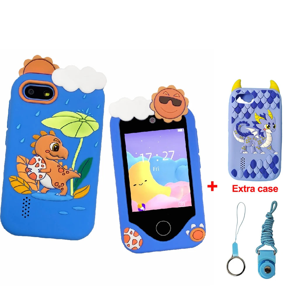 A blue kids smart phone toy with a character design and an extra case and charging cable.