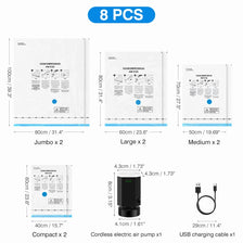 Set of 8 vacuum compression bags including jumbo, large, and medium sizes with an electric pump and USB charging cable