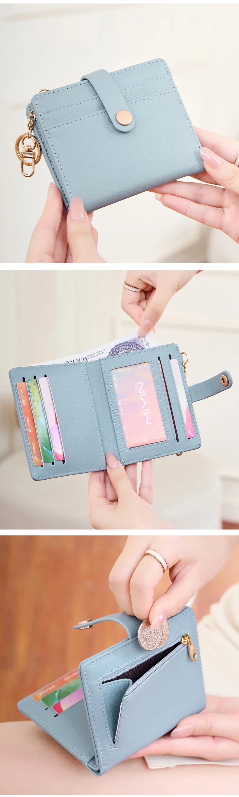 A light blue bi-fold credit card wallet is shown being held by hands, displaying its interior and exterior features.