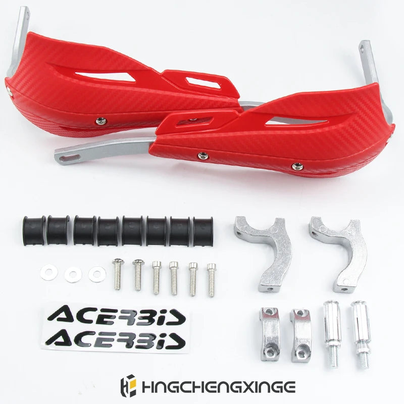 Red aluminum motorcycle handguards with mounting hardware and branded stickers