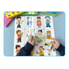 A hand is holding a set of colorful puzzle cards featuring various animals and fruits for a toddler matching game.