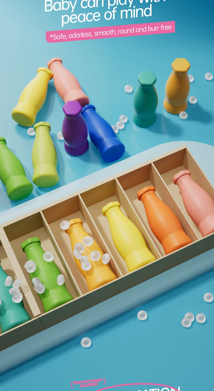 A colorful set of plastic bottles in various shades of yellow, pink, green, and blue are displayed for a memory game.