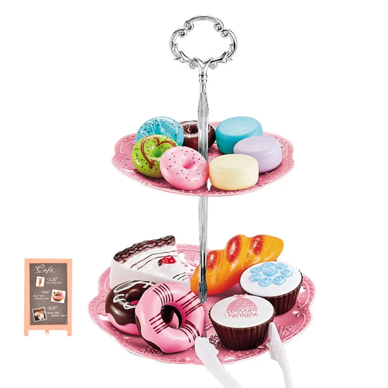 A silver kids pretend play tea set with a serving tray and various colorful food items.