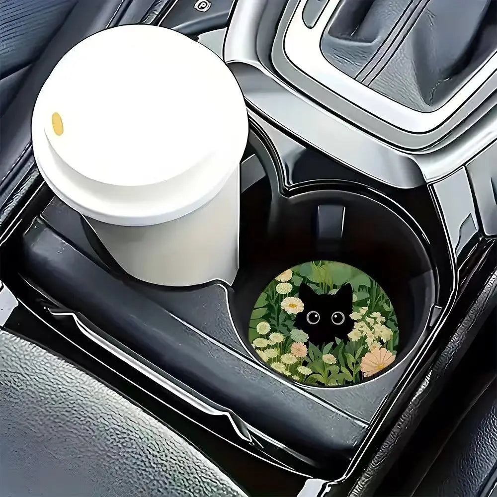 Decorative Cat Flower Car Cup Holder Mat Set