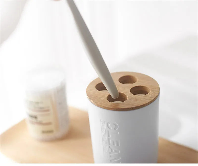 Bamboo Bathroom Organizer Set with Soap Dispenser