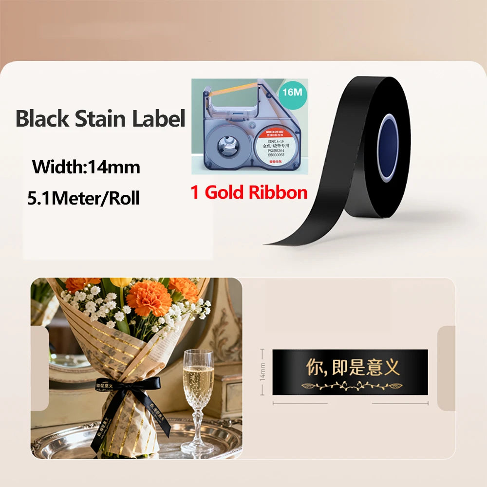Roll of black stain label ribbon with a gold ribbon for use in a label printer