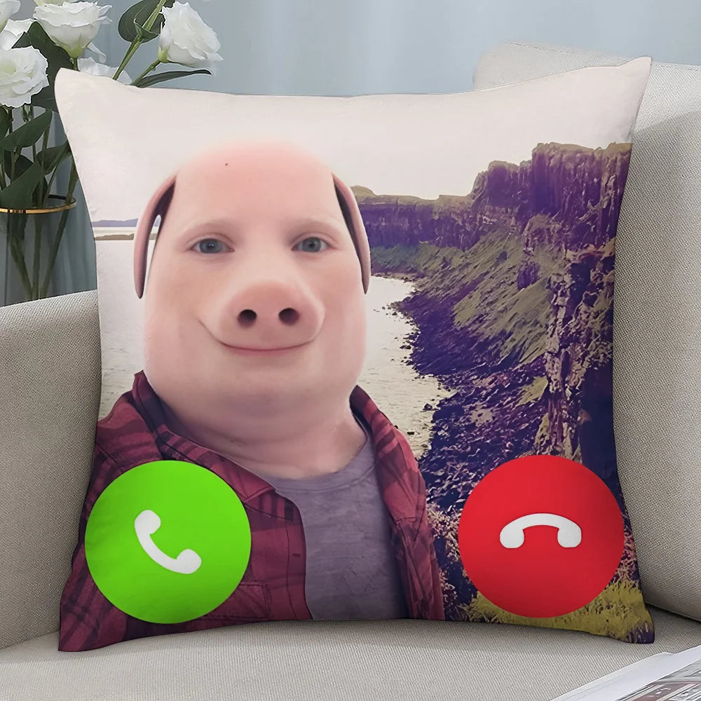 A novelty throw pillow featuring a cartoon pig face with a green phone icon on the chest.