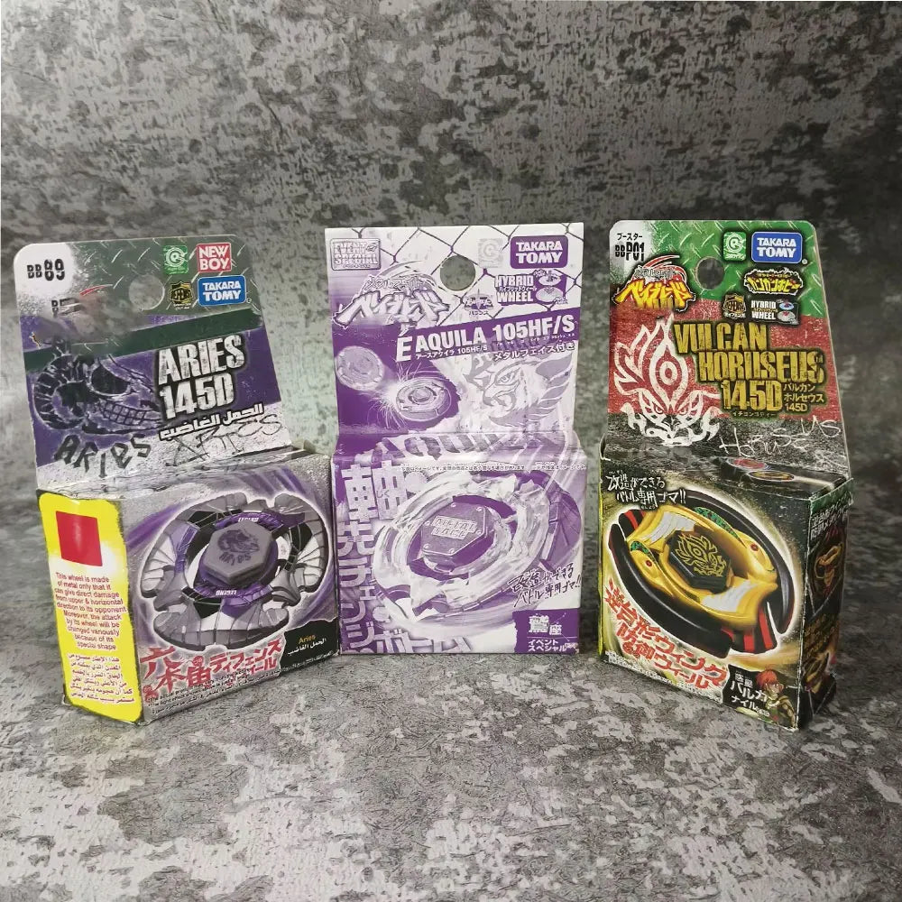 A set of three Metal Fusion spinning tops from Takara Tomy featuring Aries, Equila, and Vir Can designs.