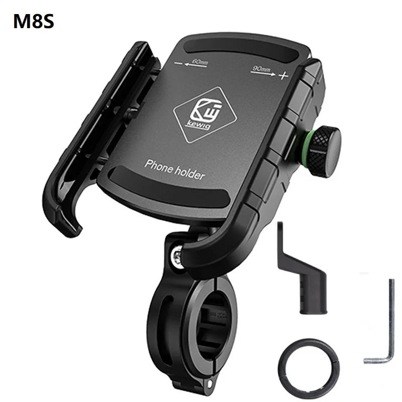 Black M8S phone holder clamp with quick-release mechanism and mounting bracket.