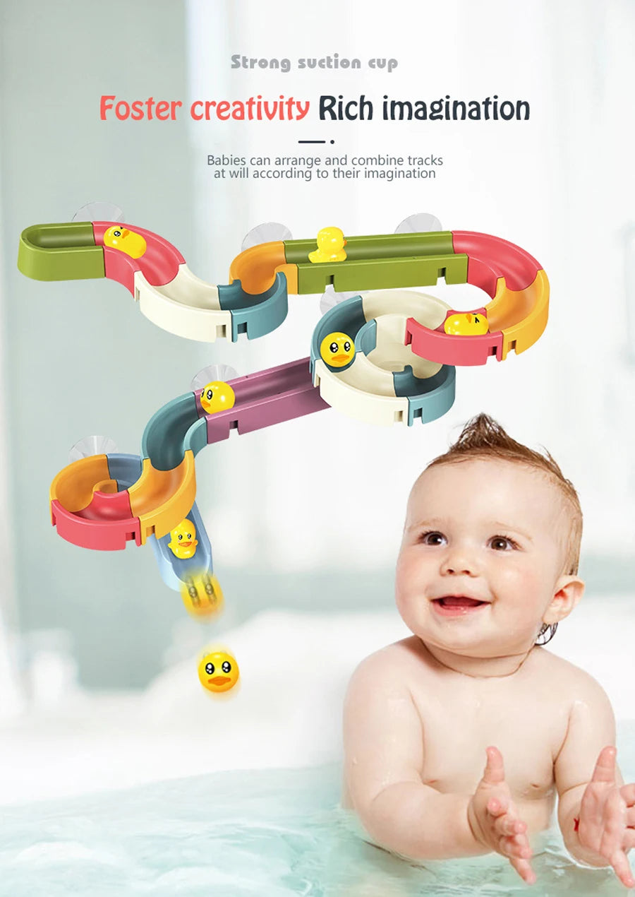 A colorful duck slide toy set for toddlers is shown floating in water, designed to foster creativity and imagination.