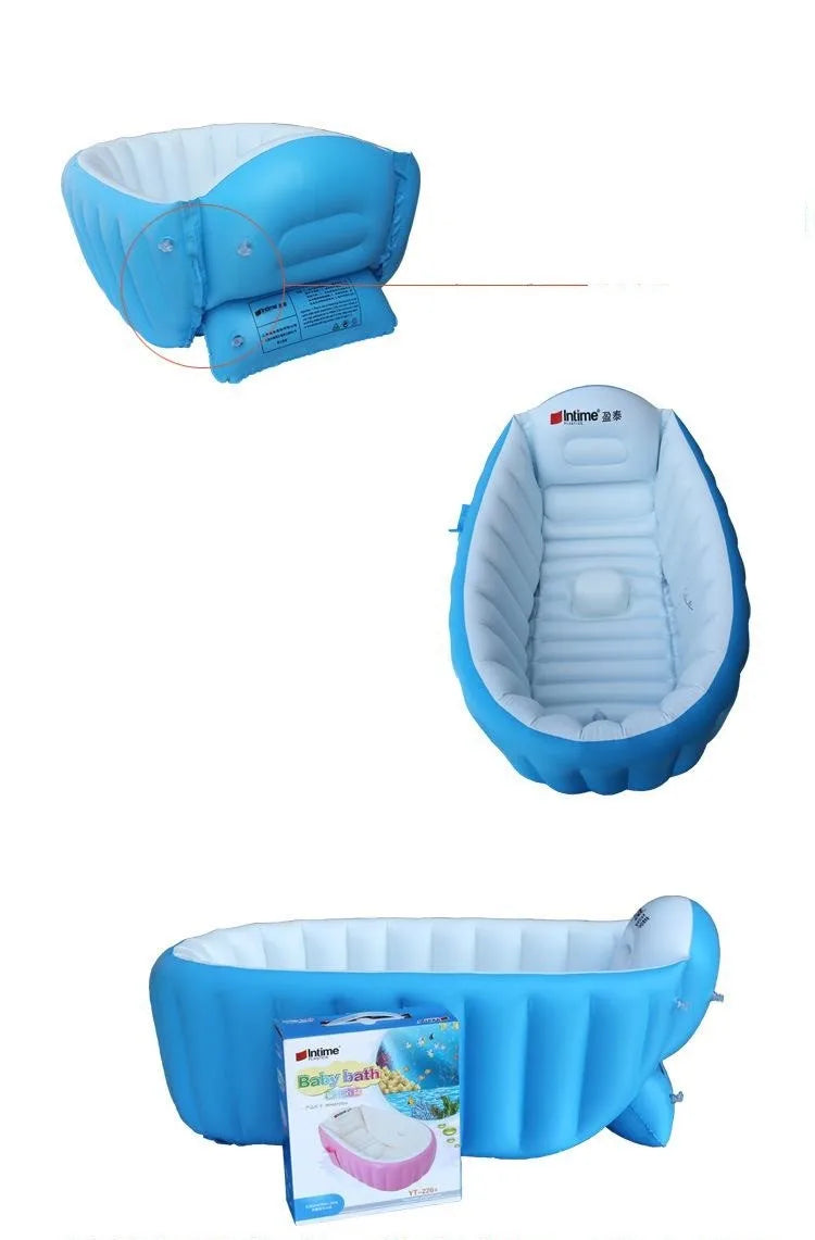 A blue inflatable bathtub for babies and toddlers shown in various views, including a standalone tub and a version with a han