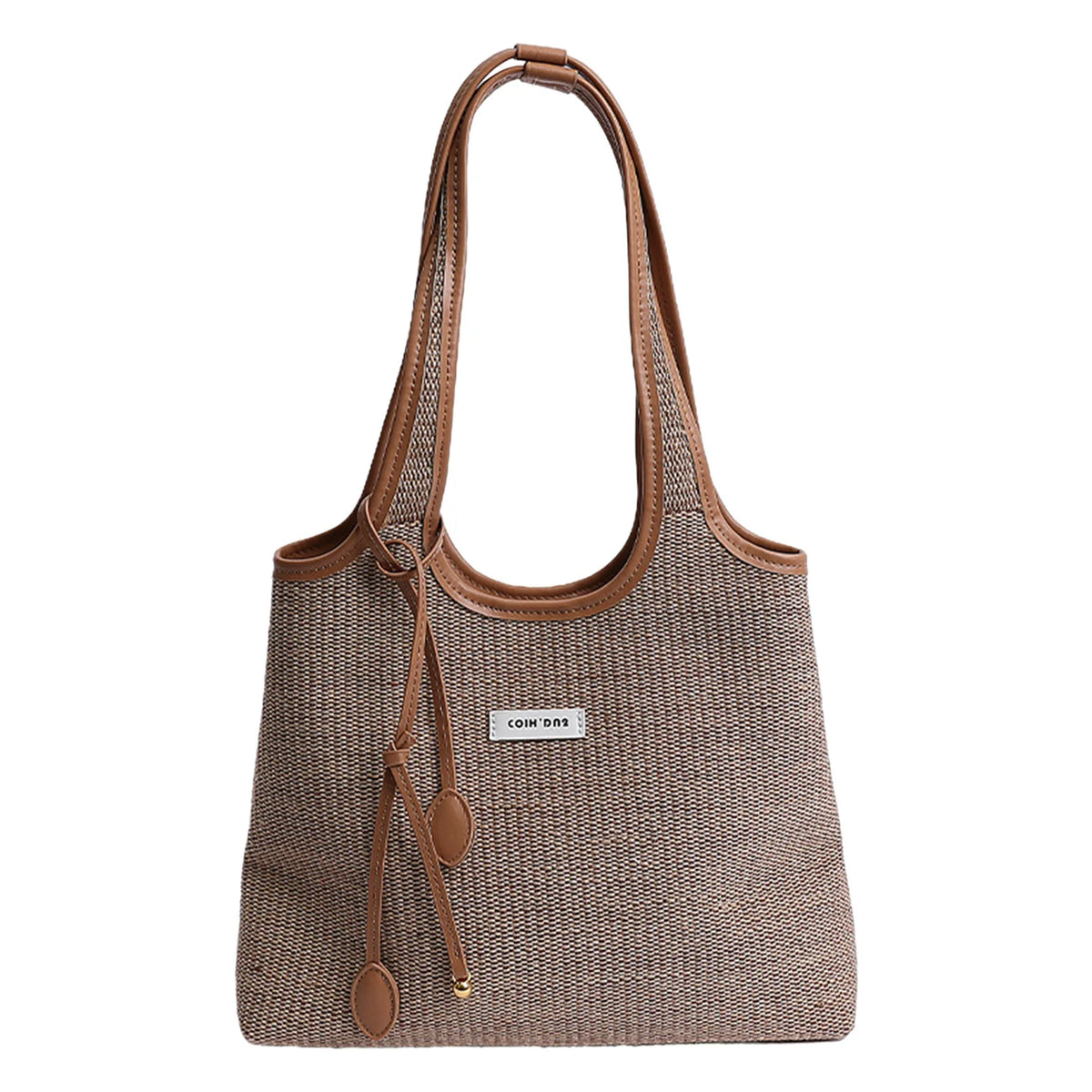 Bolso de tela rectangular marrón a rayas con correa cruz de cuero.