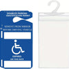 A blue disabled parking identification permit sign and clear plastic placard holder.