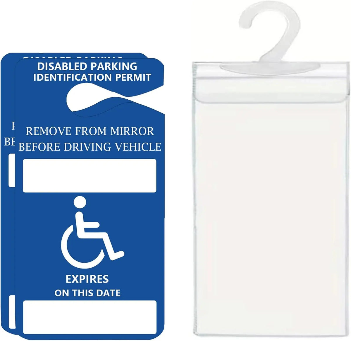 A blue disabled parking identification permit sign and clear plastic placard holder.