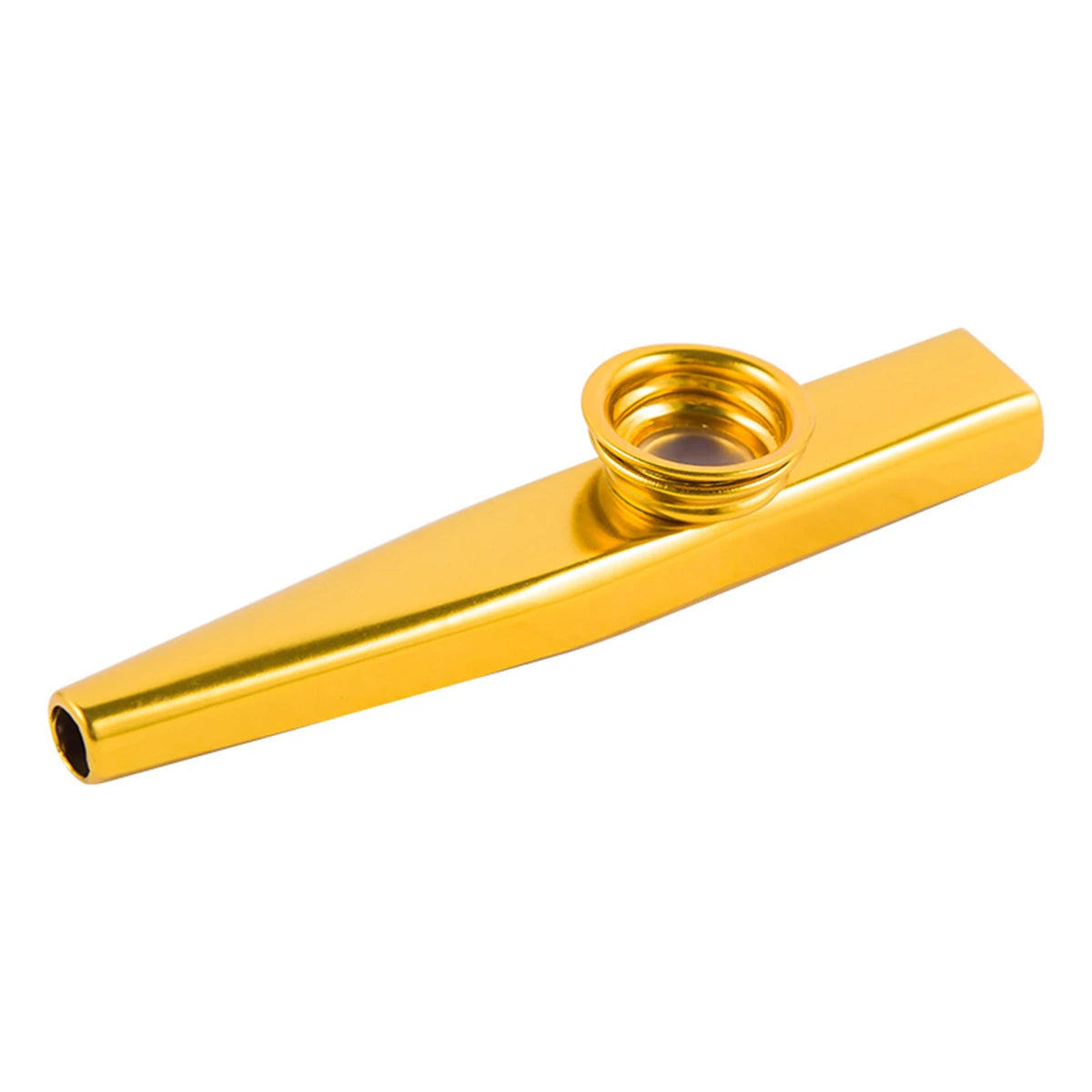 A golden aluminum kazoo with a membrane diaphragm.