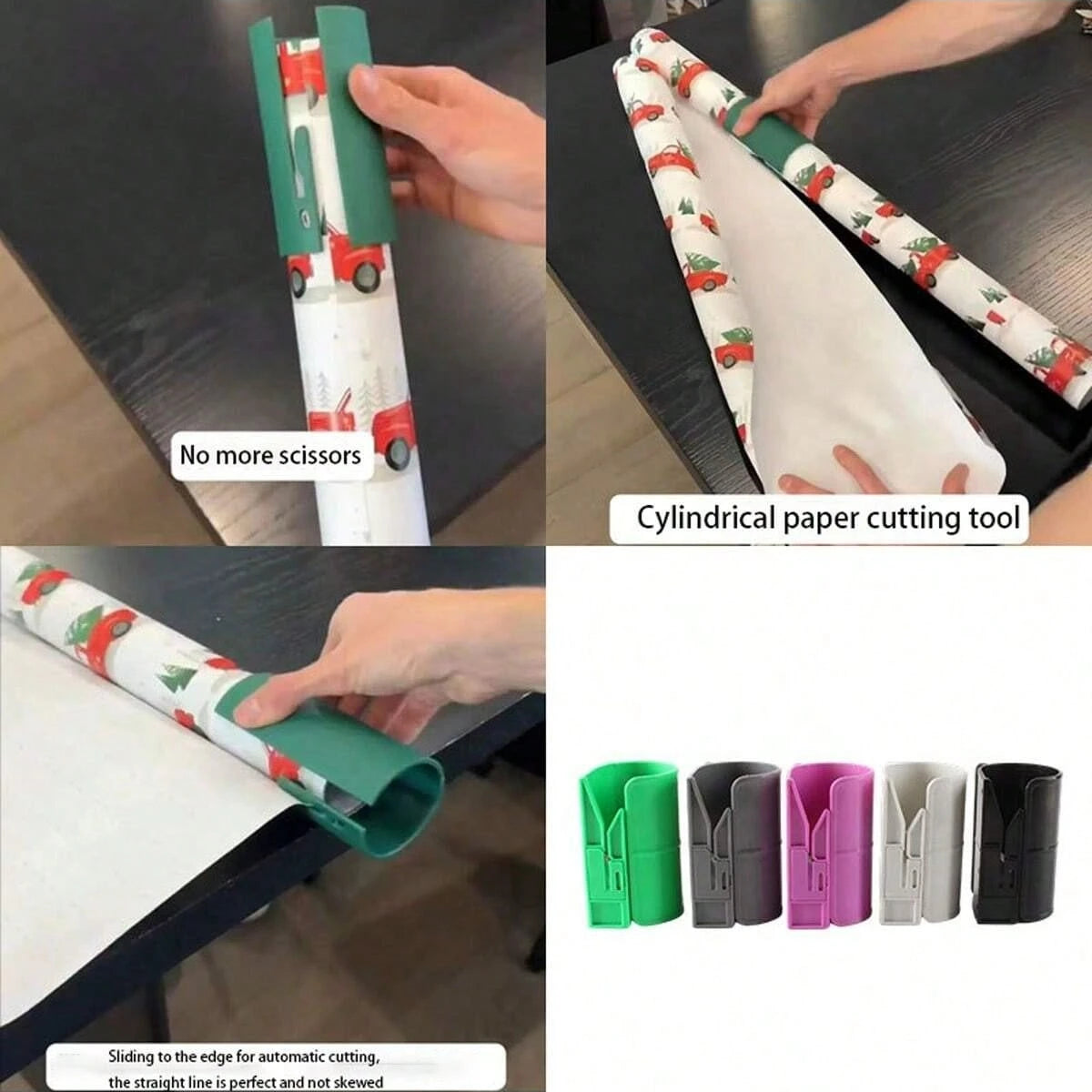 A portable wrapping paper cutter is shown in use, demonstrating its function for cutting paper.