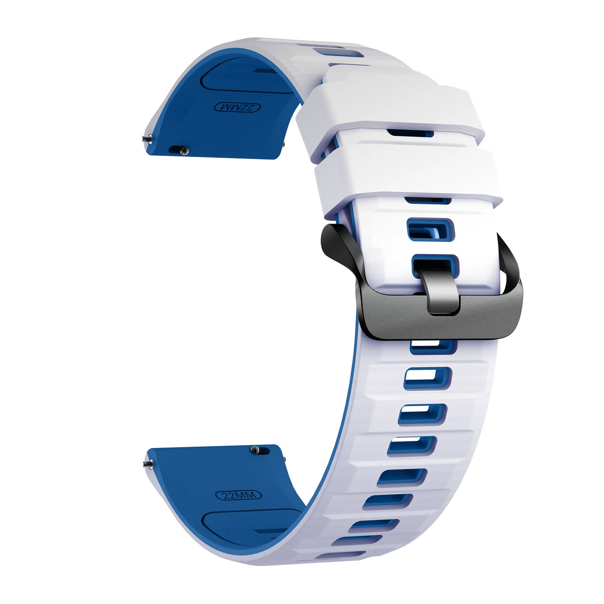 A white silicone watch band with a blue case and strap is shown in a curved, close-up view.