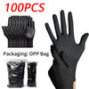 A set of 100 black powder-free disposable nitrile gloves packaged in an OPP bag.