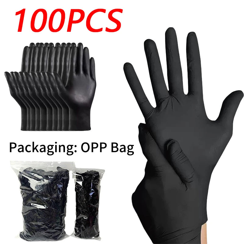 A set of 100 black powder-free disposable nitrile gloves packaged in an OPP bag.