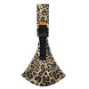 A black ergonomic baby sling carrier with a leopard print fabric and a padded hip seat.