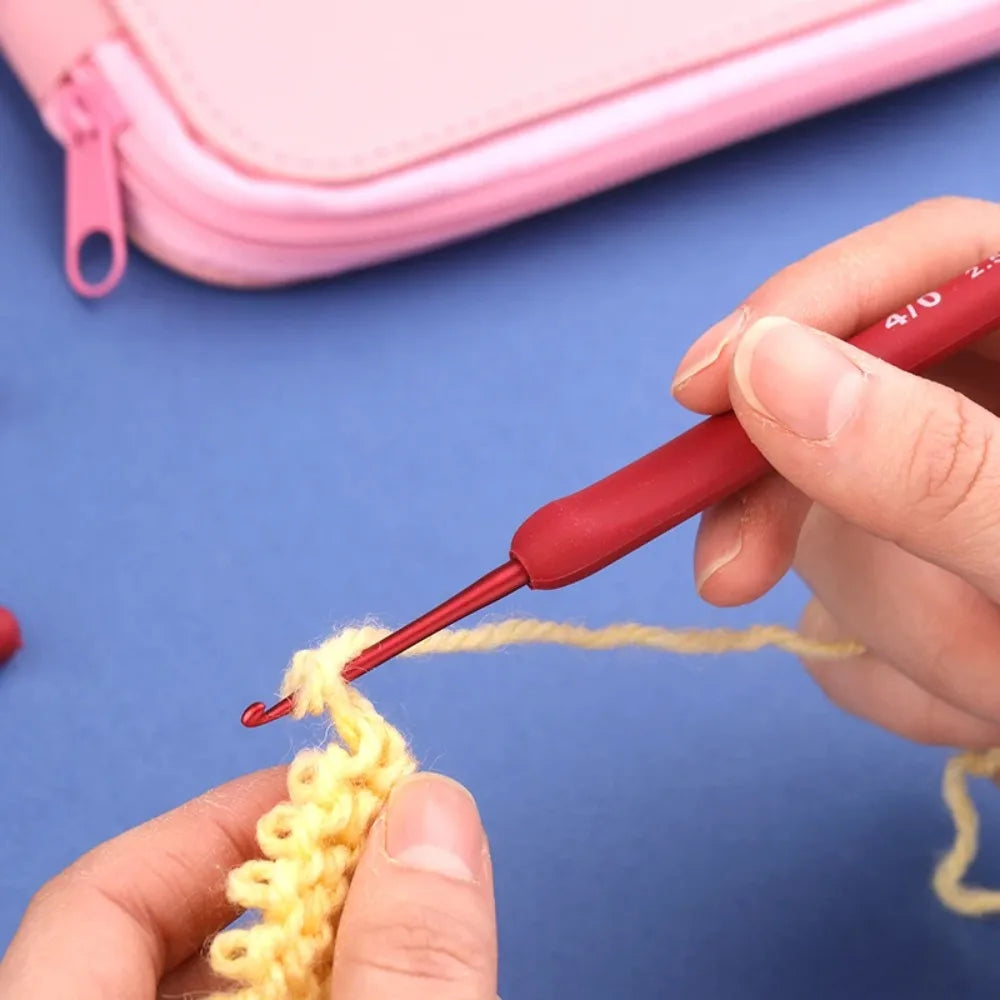 Ergonomic Red Crochet Hook Set with Soft Grip Handles