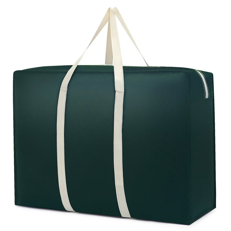 A dark green waterproof moving and storage bag with light beige straps.