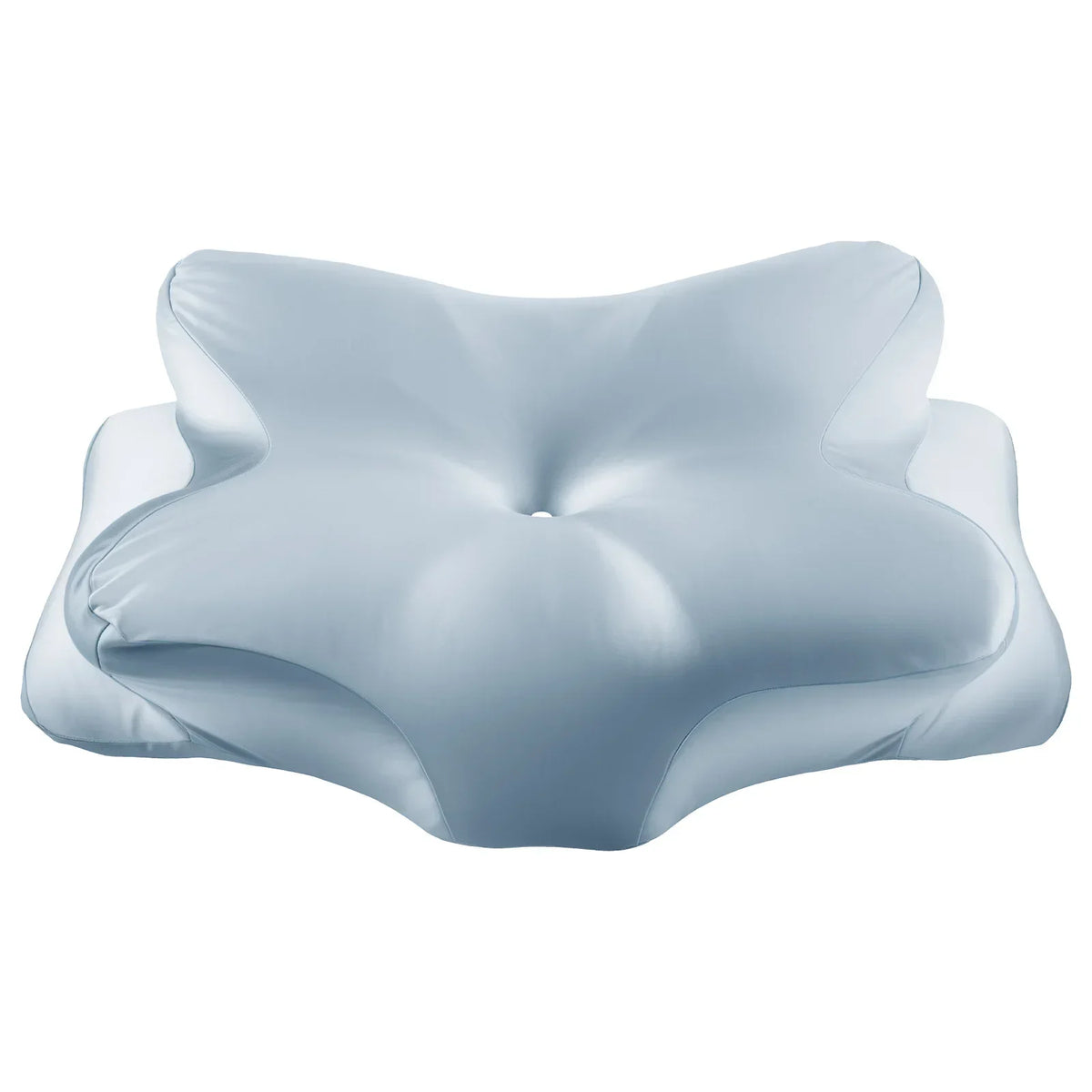 Light blue satin-like zippered cervical pillowcase with a smooth, contoured shape.