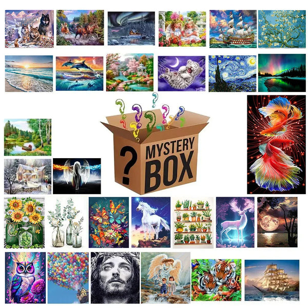 Collection de peintures artistiques et de scènes de nature présentées sur une boîte.
