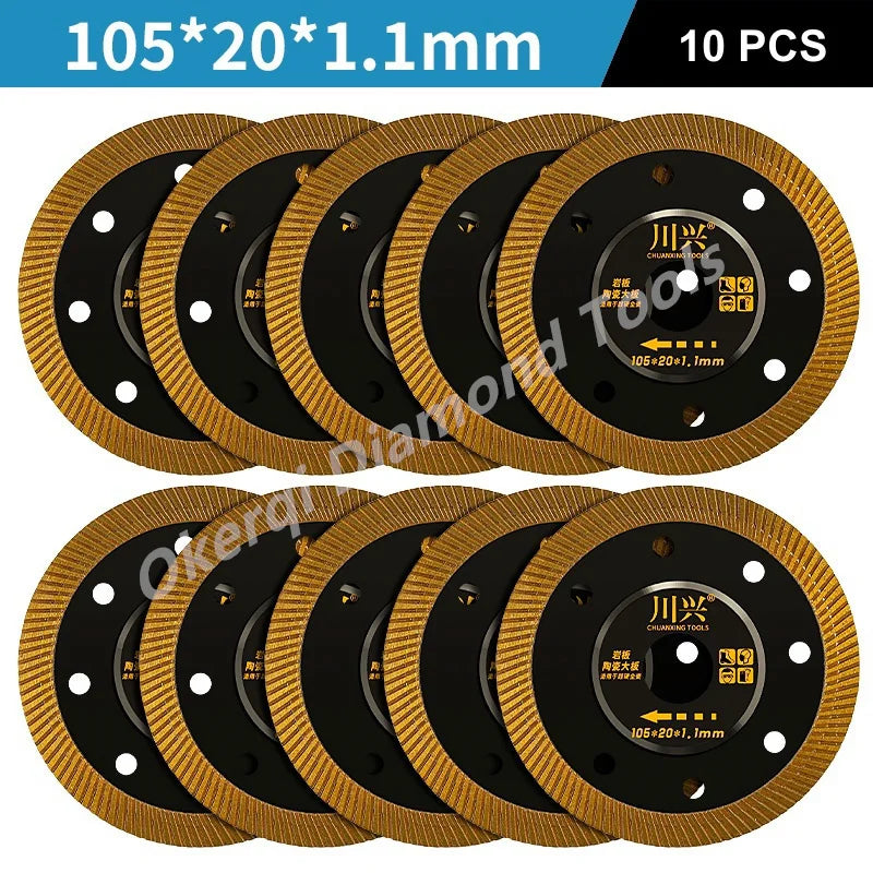 Ten circular diamond saw blades with a 1.1mm thickness and 105x20 dimensions