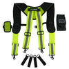 A yellow and black magnetic tool belt featuring suspenders and a phone holder.