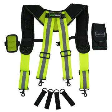 A yellow and black magnetic tool belt featuring suspenders and a phone holder.