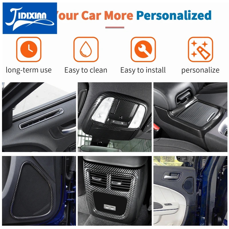 Carbon fiber interior trim kit for a Dodge Charger showing various installed components and details.