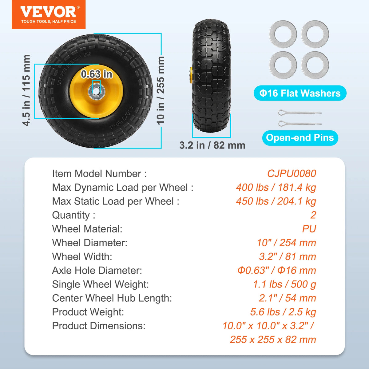 10" Solid PU Run-Flat Wheels with Metal Hub (2-Pack)
