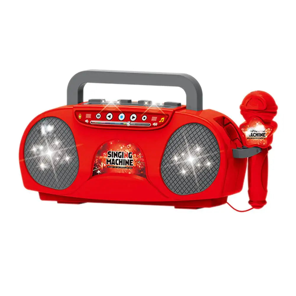 A red kids karaoke machine with a handle, light effects, and microphone.