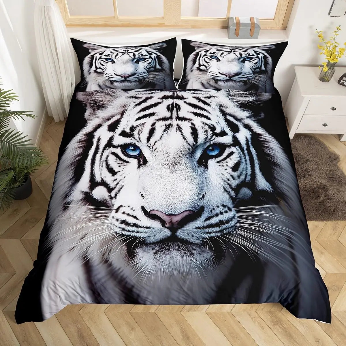 A black duvet cover set featuring a realistic tiger print with multiple heads.