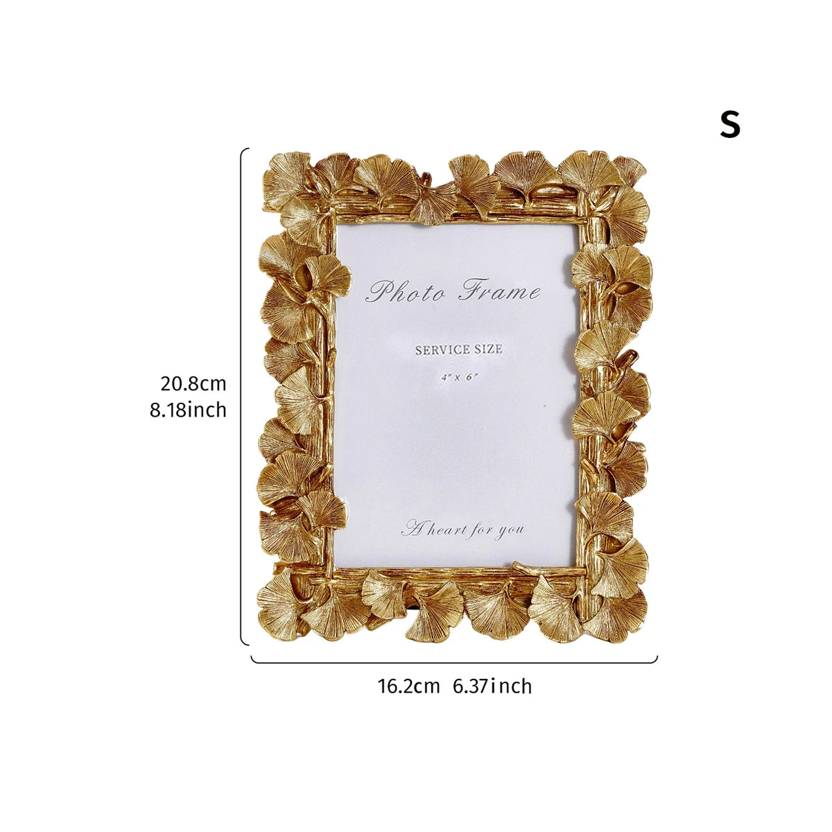 An elegant golden ginkgo leaf resin photo frame with a white insert and a decorative border.