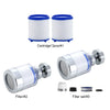 Set of faucet water filters including two white cartridges and a silver filter unit