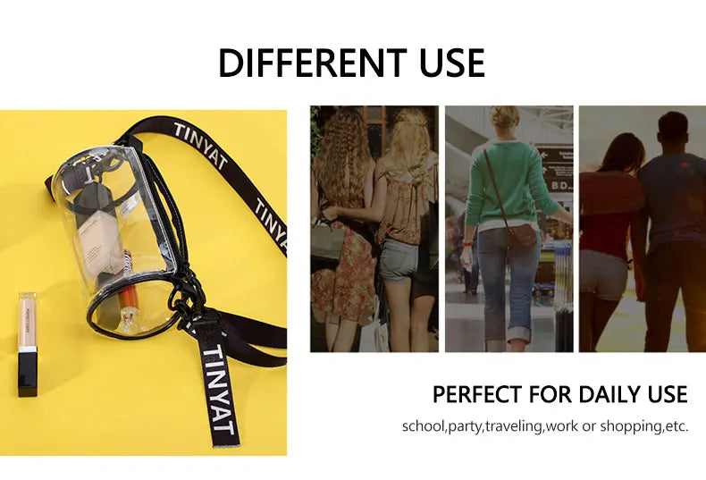 Clear crossbody bag with adjustable strap shown next to various daily use scenarios.