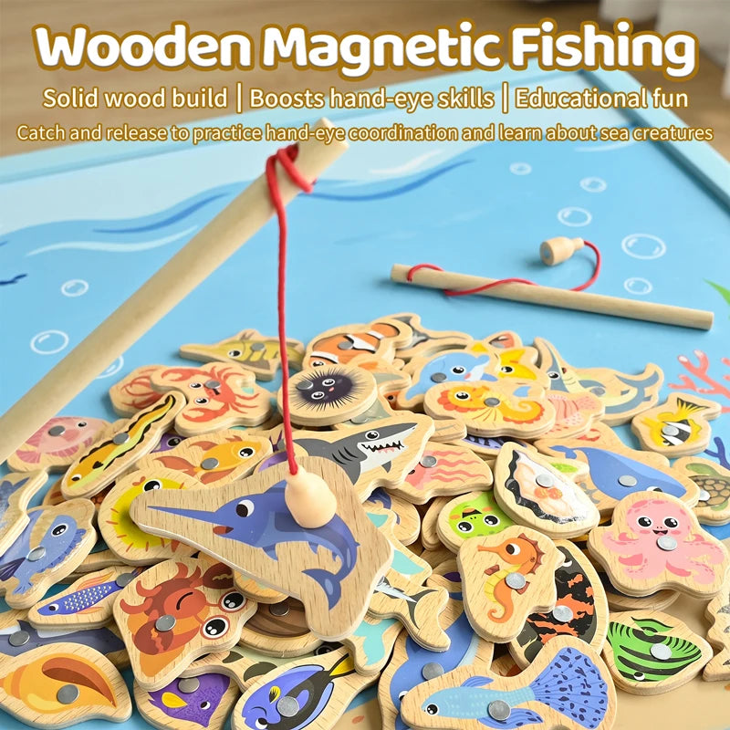 Wooden magnetic fishing toys featuring various marine animals for educational fun