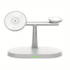 A white magnetic wireless charging station with a circular charging pad and a stand.