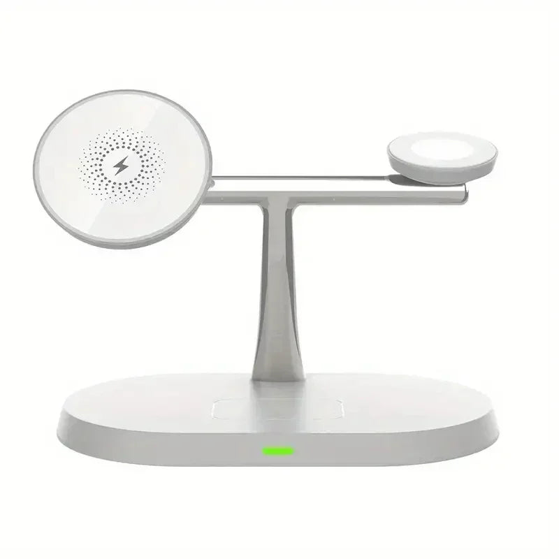 A white magnetic wireless charging station with a circular charging pad and a stand.