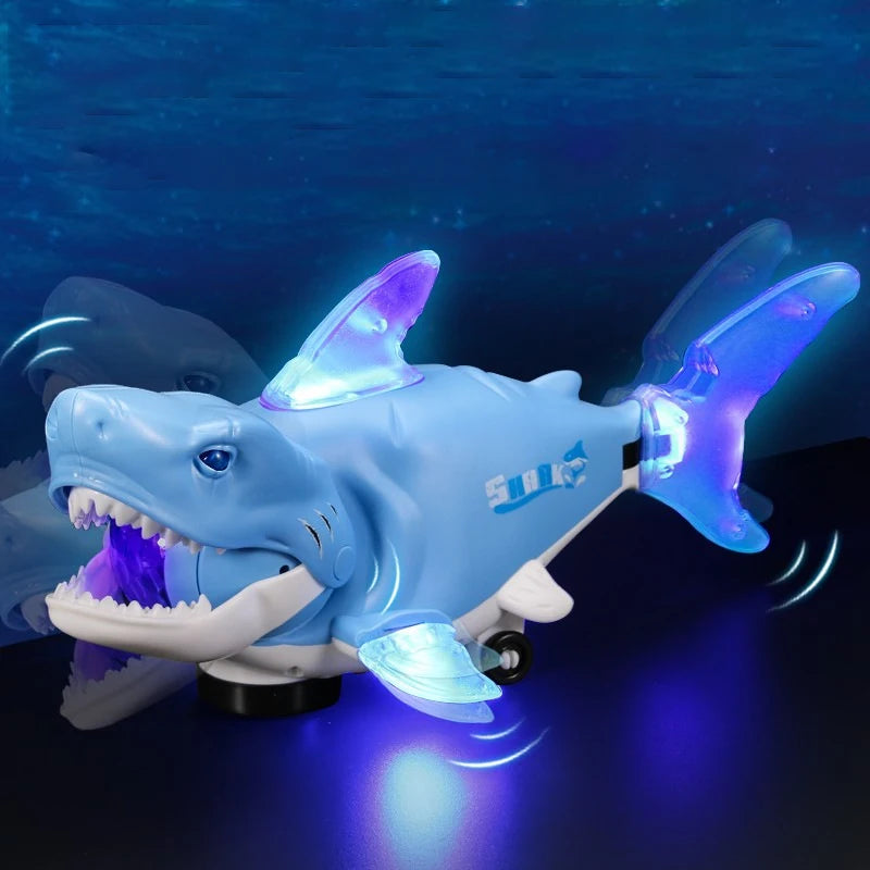 A blue shark toy with glowing lights is shown against a dark blue background.